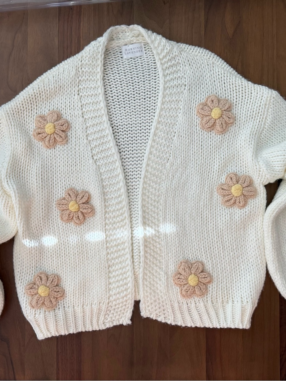 Morning Lavender Cream Chunky Knit Cardigan with Peach Flower Appliqués
